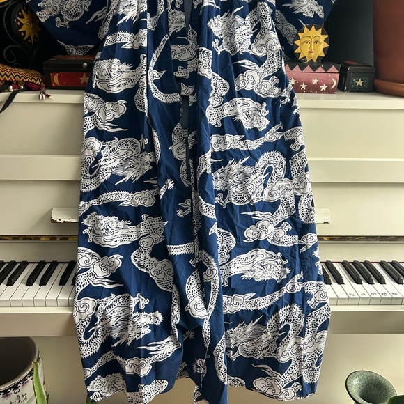 Vintage 70s Dragon Print Belted Kimono Robe OS Unisex Full Length Navy Cotton - Picture 12 of 12